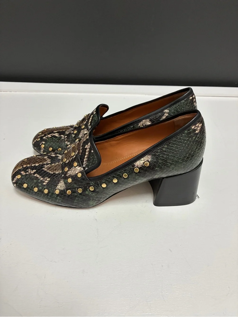 Tory Burch Leather Snake-Print Stud Block Heel Loafers